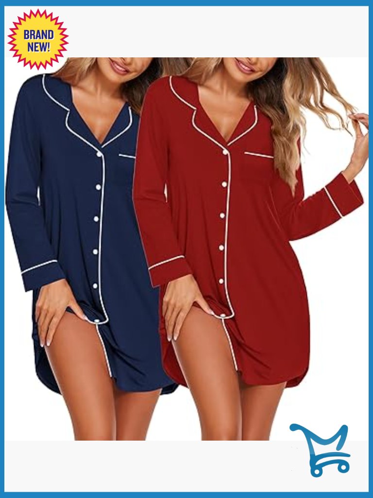 2 Pack Long Sleeve Nightgowns Button Down Sleep Shirt V-Neck Maternity Pajama